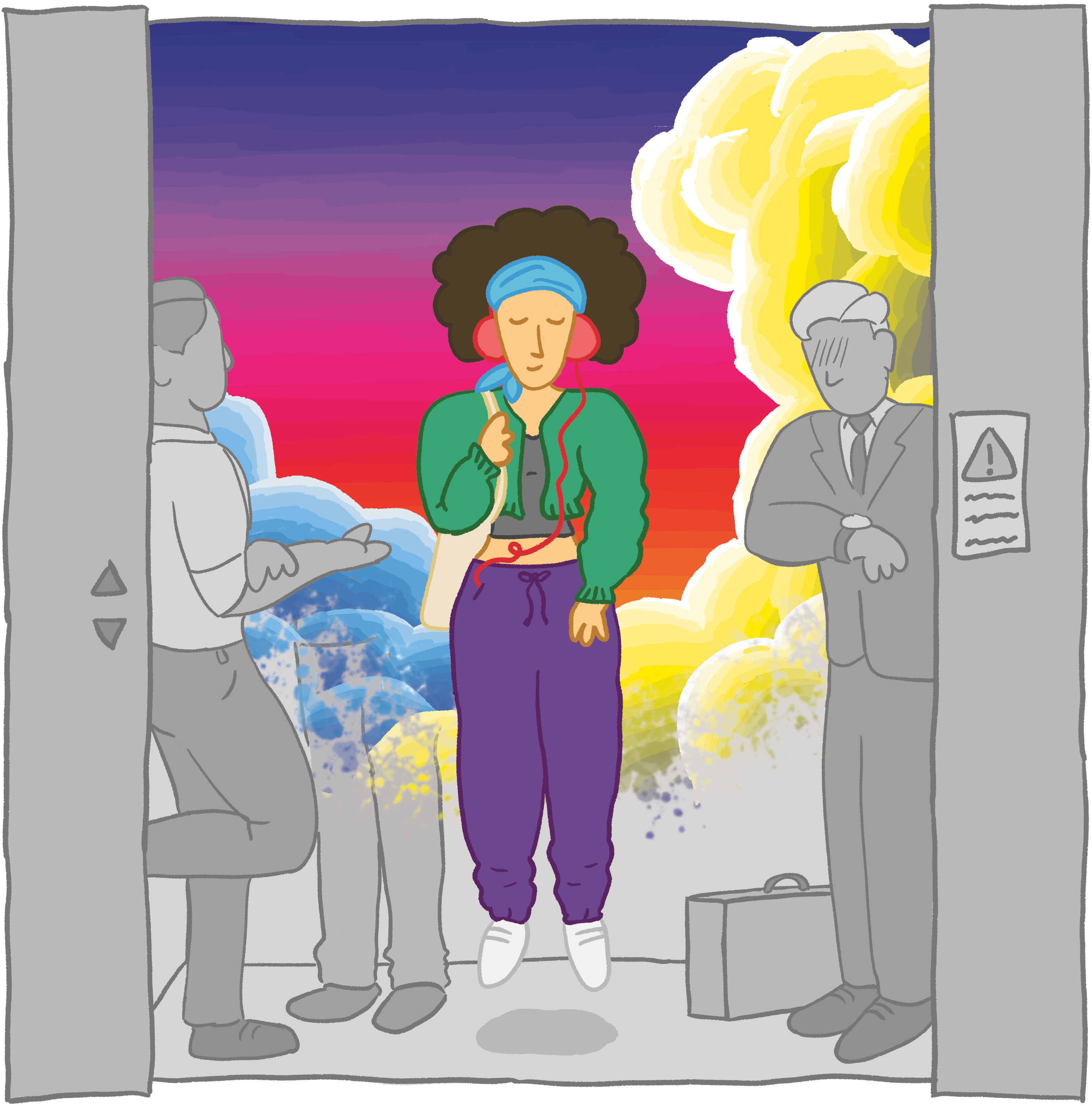 A cartoon-style elevator scene framed by the opened doors. The environment and a pair of men in business suits are depicted with little detail and in greyscale. A young woman with an afro is centred facing the viewer with her eyes closed in contentment. She is wearing headphones and apparently levitating about six inches off the ground, while around her head an imagined scene of colourful clouds fills the elevator.