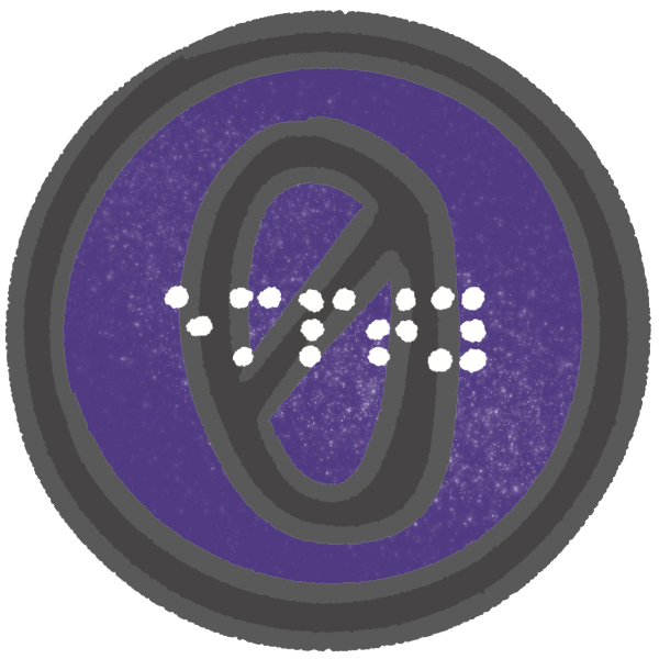 An elevator button with a "0" symbol, a purple background with tiny white stars sprinkled in a band, and the braille for "empty" overlaid in white.