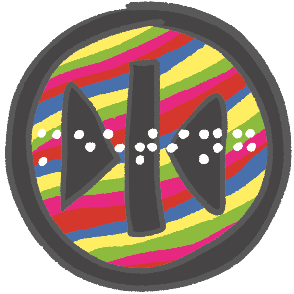 An elevator button with a close doors symbol, a background of wavy yellow, green, magenta, red, and blue stripes and the braille for "meeting" overlaid in white.