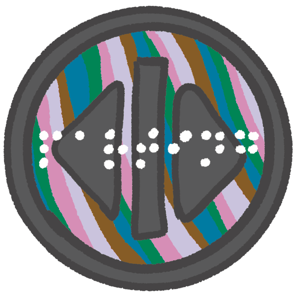 An elevator button with an open doors symbol, a background of wavy blue, green, pink, lilac and brown stripes and the braille for "parting" overlaid in white.