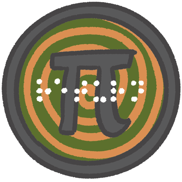 An elevator button for the pi'th floor, the background is a green and orange spiral, and the braille for "return" is overlaid in white.