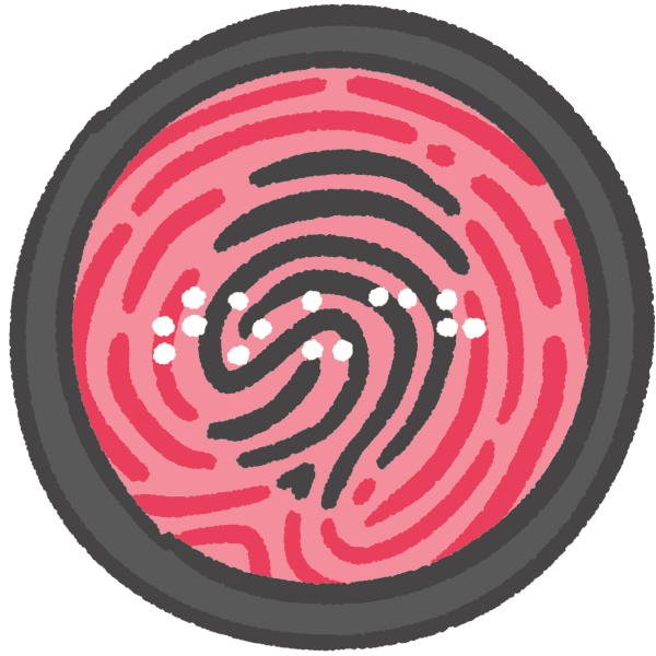 An elevator button with a fingerprint symbol, which extends into the background with red ridges on a pink background, and the braille for "touch" overlaid in white.