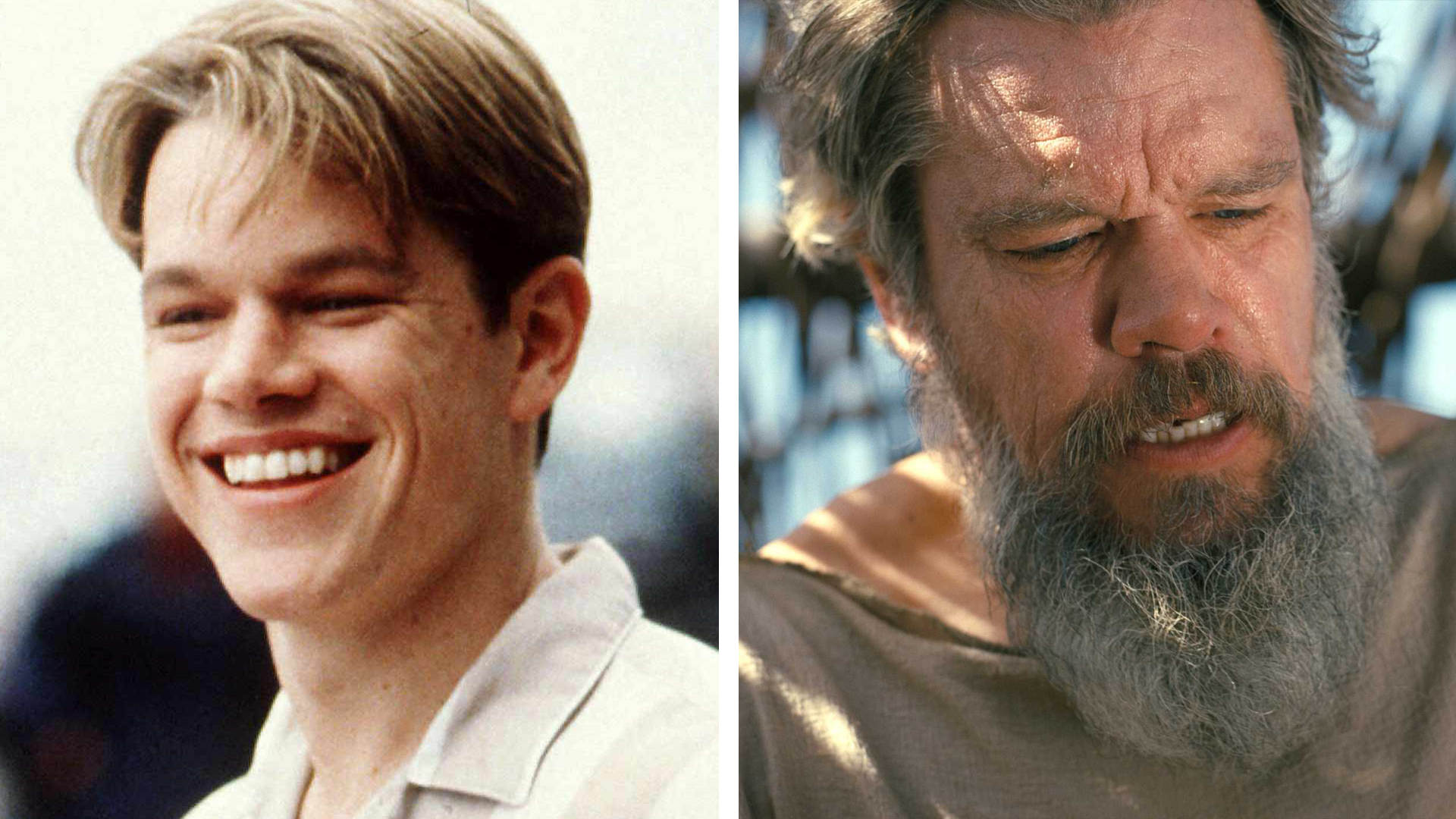 A side-by-side comparison showing a young Matt Damon in "Good Will Hunting" on the left, and a much older and more bedraggled Damon with a long grey beard in "The Odyssey" on the right.
