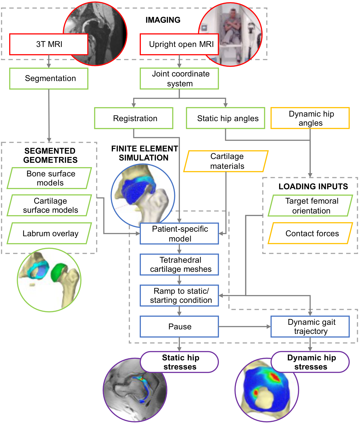 A complex flowchart showing the colour-coded data sources and analysis steps making up the hip simulation modelling protocol.