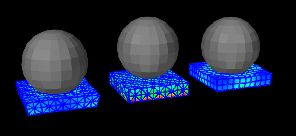 A screenshot of three cuboid finite element models, each with a solid sphere pushing into it.