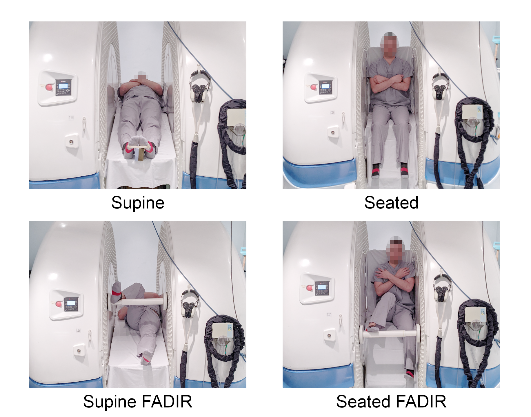 Four cropped images of a participant ready to be scanned in an upright open MRI scanner, with their hip in different postures.